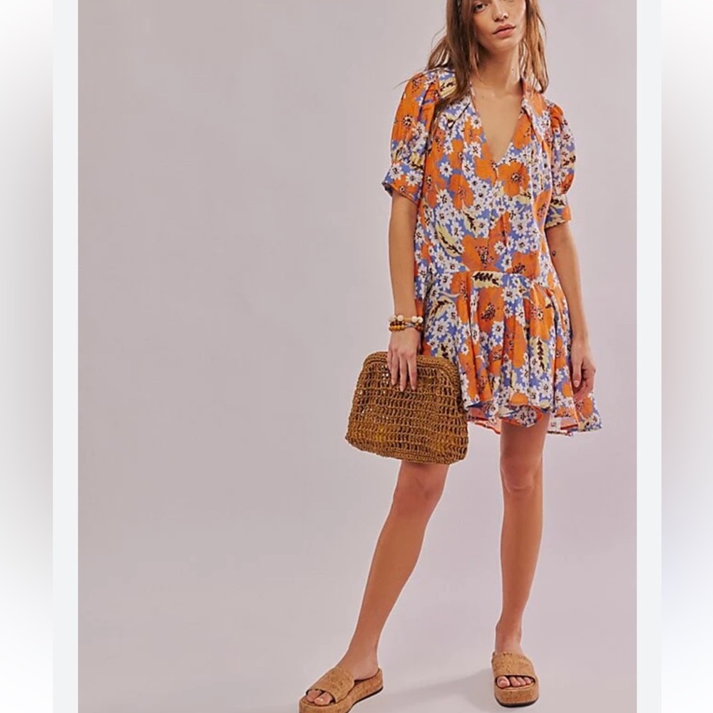 Free People Orange Floral Puff-Sleeve Tiered Mini Dress